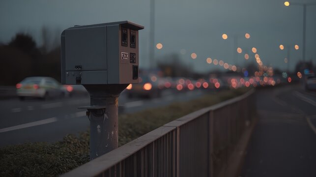 Speed camera monitoring motorway traffic at dusk, enforcing speed limits as blurred car lights and bokeh streaks trace vehicle movement and urban night flow for road safety