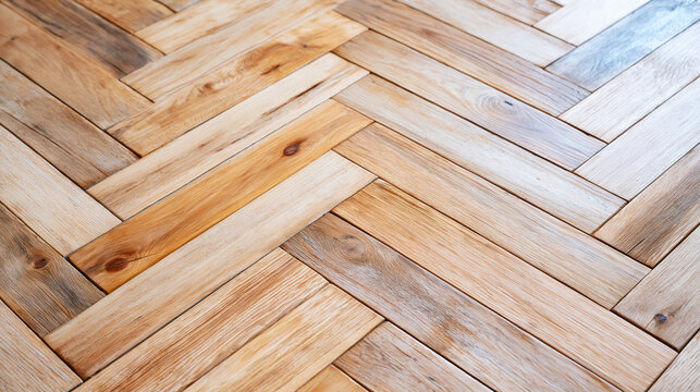 Natural wood parquet flooring forming herringbone pattern, enhancing modern interior design and architectural detail