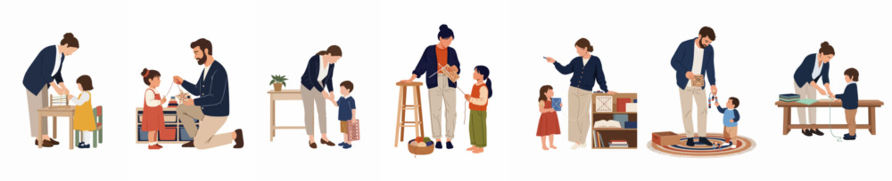 Flat illustration set of parents and children engaged in educational Montessori-style activities, crafts, and creative learning tasks isolated on white background.