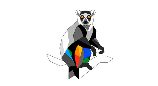 Geometric stylized lemur illustration with colorful abstract patterns
