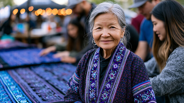 A Hmong American woman in traditional embroidered jacket displaying fabric panels at a cultural fair booth, customers leaning in to touch the intricate needlework, afternoon sun brightening indigo t