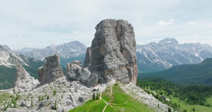 Aerial of Cinque Torri rock formation, Dolomiti Ampezzane, Italy