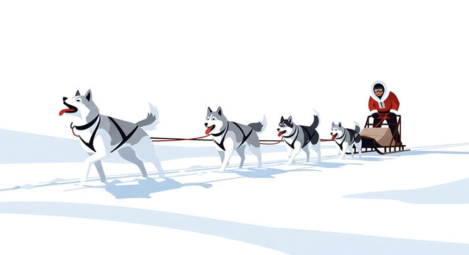 A team of four husky sled dogs pulling a musher on a sled through a snowy landscape
