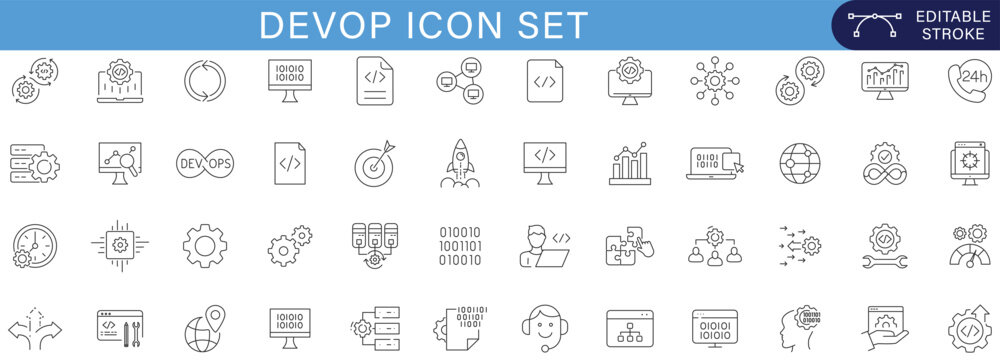 DevOps icon set collection with cloud computing, automation, coding, deployment, server monitoring, cybersecurity, CI CD, database, analytics and software engineering vector line symbols editable