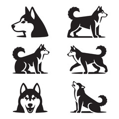 Siberian Huskies dog in various poses and views husky dog Black silhouette of vector © rayhanbd.net