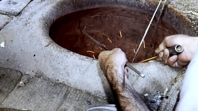 Making bread in traditional clay tandoor oven using wood fire, rural cooking method preparing fresh flatbread in village kitchen