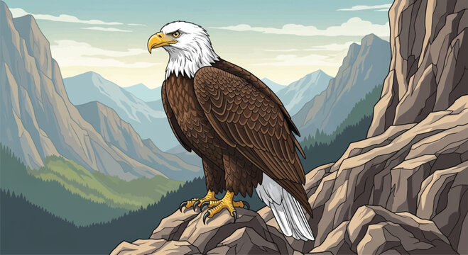 Bald eagle, mountain landscape, wildlife vector, American symbol, brown bird