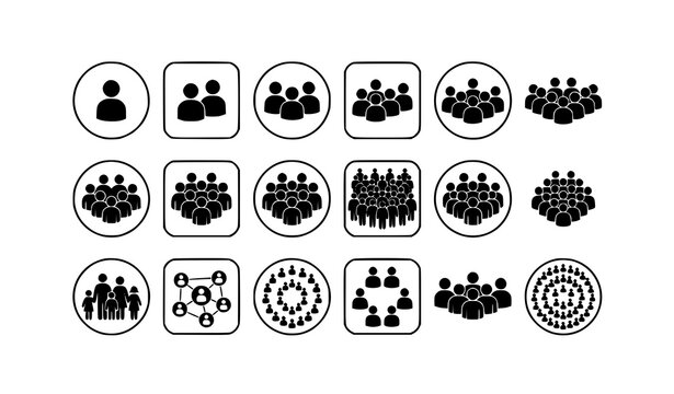People group icons with small medium and large crowd symbols in badge and flat style black vector set isolated on white background