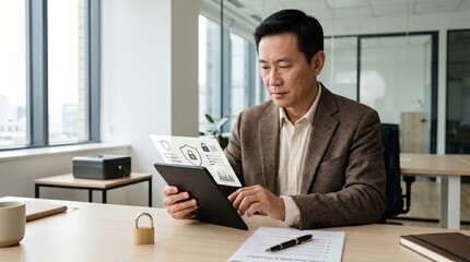 Fototapeta premium Asian businessman analyzing data security on tablet with padlock icon. Cybersecurity, business intelligence, and data protection concept.