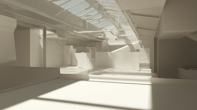 Minimalist architectural space creating a clean design with bright sunlight streaming through a skylight, forming interesting shadows on the light colored surfaces
