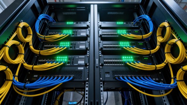 Server rack with network cables and lights