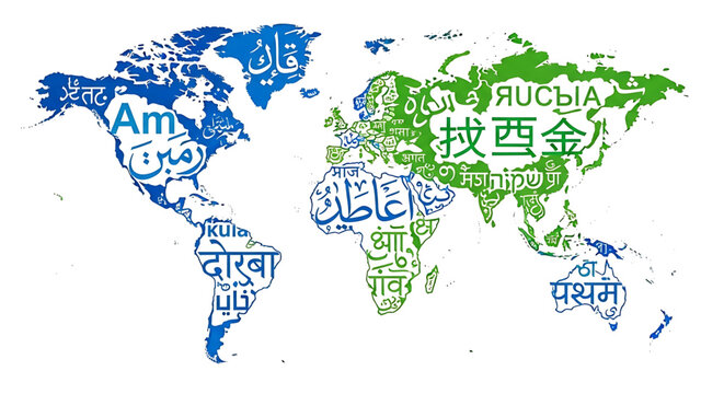 World map made of various languages and scripts, creative typography design of global communication and international diversity, conceptual illustration of a multilingual world