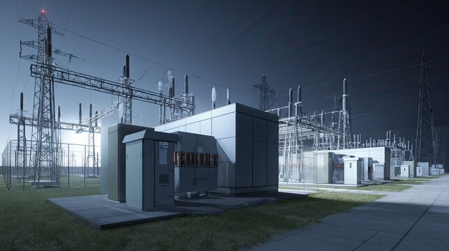 Electrical substation with transformers, pylons, and grid transmitting power, securing a constant supply of energy to communities during a twilight evening
