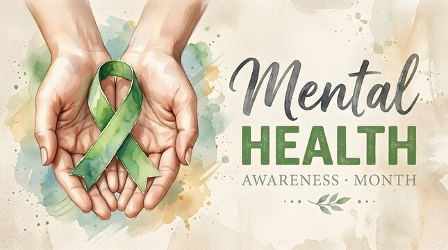 Hands holding a green ribbon for mental health awareness watercolor illustration high quality professional detailed modern elegant stylish clean crisp vibrant colorful
