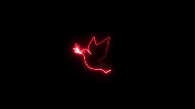 Neon Bird and twig symbol of peace and freedom in simple icon.