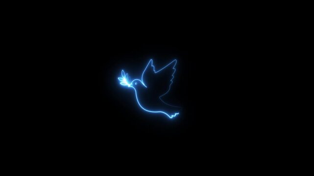Neon Bird and twig symbol of peace and freedom in simple icon.