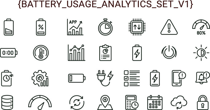 Battery usage analytics line icon set for energy monitoring dashboard ui electric power management and charging interface design