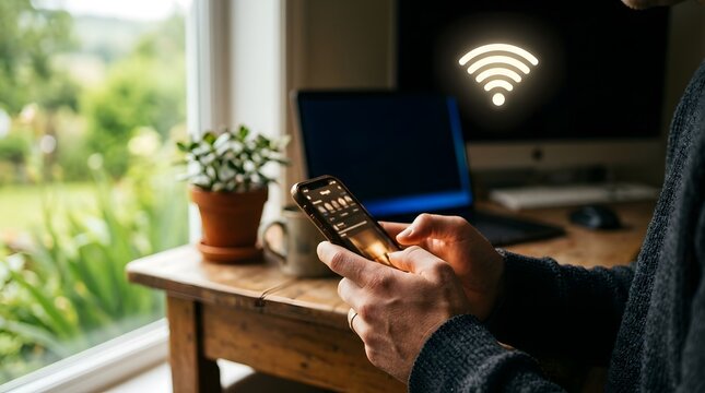 Person browsing on smartphone with wifi symbol and computer in background