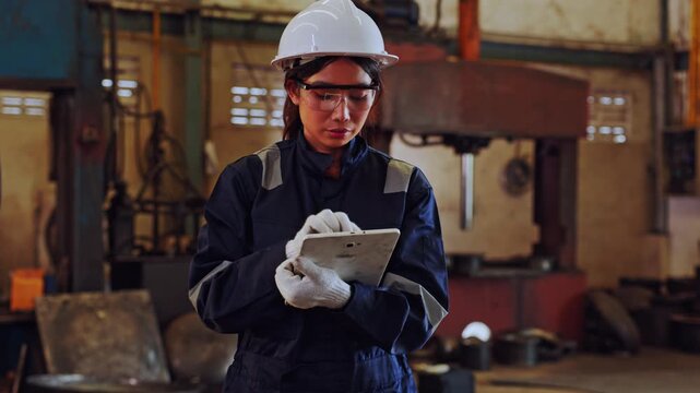 Industrial worker safety helmet glasses tablet factory maintenance engineer protective inspection in workshop, hard hat PPE coverall and gloves for equipment manufacturing checks