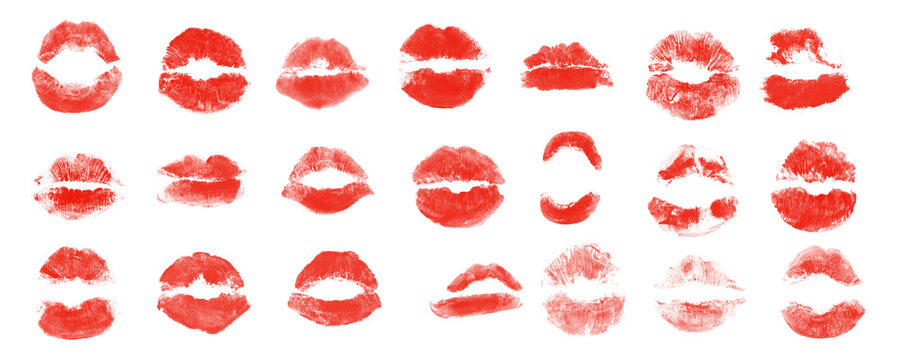 Red lipstick kiss marks collection isolated on white background