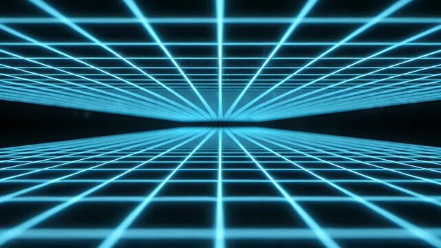 A vibrant, futuristic grid pattern glows in shades of blue, creating a mesmerizing and abstract visual effect.