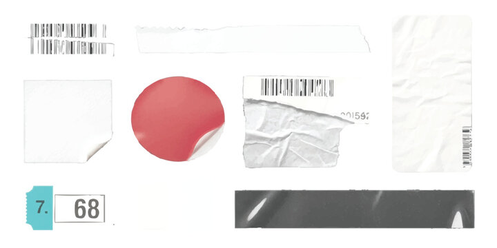 Set of various adhesive paper stickers and torn sticky tape labels with barcodes and textures for design elements