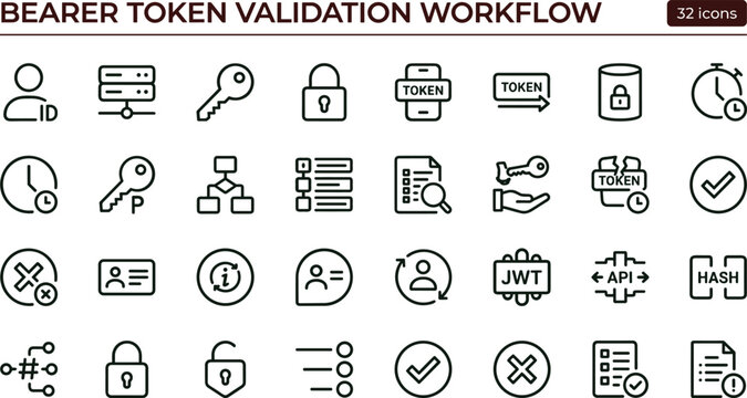 Bearer token validation workflow line icon set for authentication dashboard ui api security and identity access management interface