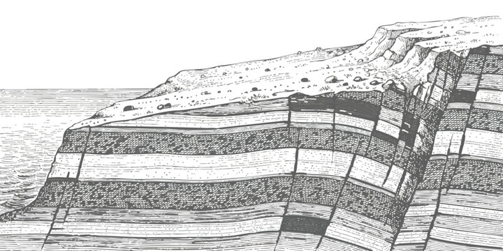 Black and white line drawing of a steep rocky cliff face by the sea