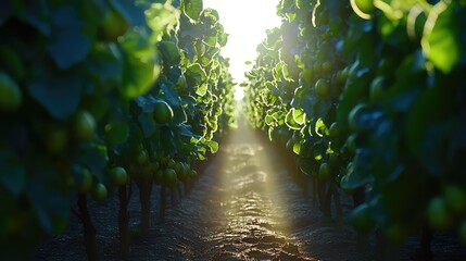 Obraz premium Vineyard rows of ripening grapes bathed in warm golden sunlight at dusk, creating a vibrant, serene rural landscape of lush green foliage and promising harvest