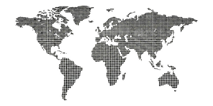 Black world map made of small square pixels and dots representing global geography and digital connectivity concepts