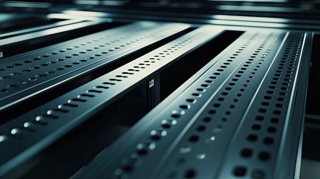 Sleek metallic rack panels with evenly spaced perforations create a futuristic industrial atmosphere, evoking advanced technology, precision manufacturing, and modern engineering aesthetics