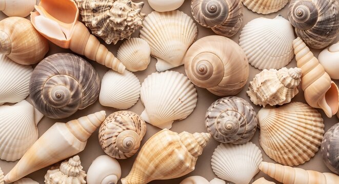 A Diverse Collection of Seashells and Conches on a Beach.