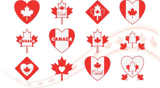 Canada day icons maple leaf heart flag and silhouette designs for july 1st
