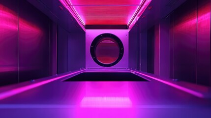 Fototapeta premium Abstract tunnel geometry creating a vibrant, symmetrical future portal, illuminated by glowing pink and purple neon lights, suggesting a journey into a digital world