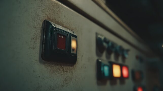 Industrial control panel featuring numerous illuminated indicator lamps and switches, showing a focus on the red light displaying k pht, conveying operation and alert