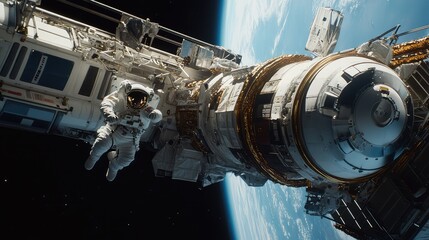 Fototapeta premium Astronaut in space suit spacewalking alongside a modular space station, with the earth's blue atmosphere and white clouds visible below, highlighting exploration and technology