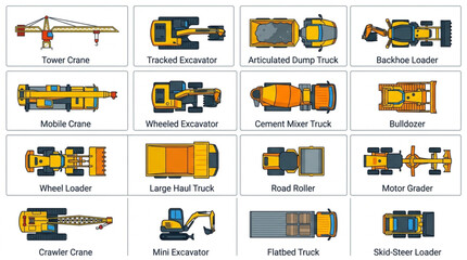 Collection of construction vehicles and heavy machinery from a top view. © Rini