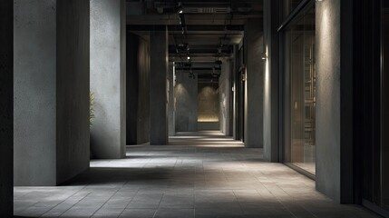 Naklejka premium Long concrete hallway in brutalist style with minimalist lines, industrial lighting and strong shadows highlighting texture, depth and geometric perspective in a modern interior