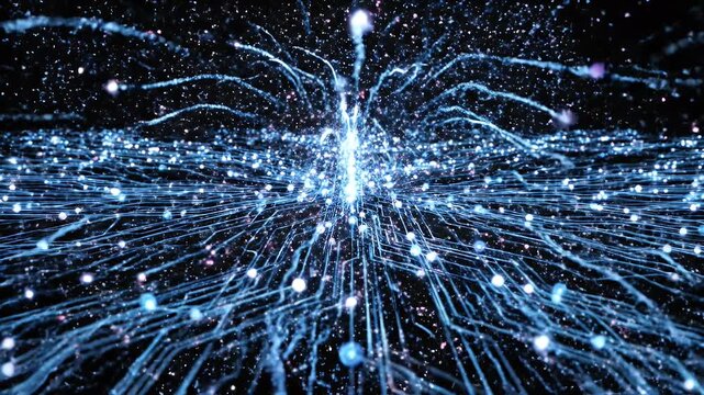 A mesmerizing abstract image showcases a network of glowing blue lines and nodes stretching into 