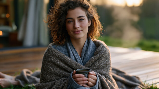 A cold plunge aftermath scene with a woman wrapped in a wool blanket on a wooden deck, cheeks flushed, steam rising from a mug of tea, bare feet on dewy spring grass, perfect for recovery ritual, co
