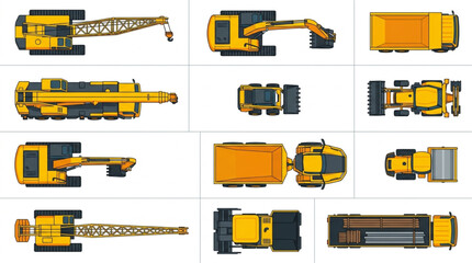 Collection of Yellow Construction Vehicles Top View. © Rini
