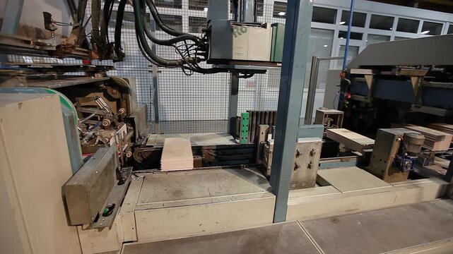 Finished product packaging. Packing boxes with ceramic tiles on a modern packaging machine. Automatic packing line. Ceramic tile factory. Making ceramic tile.