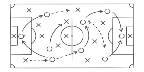 Hand drawn soccer tactics board diagram with player positions and movement arrows for match strategy planning © GraphixEra