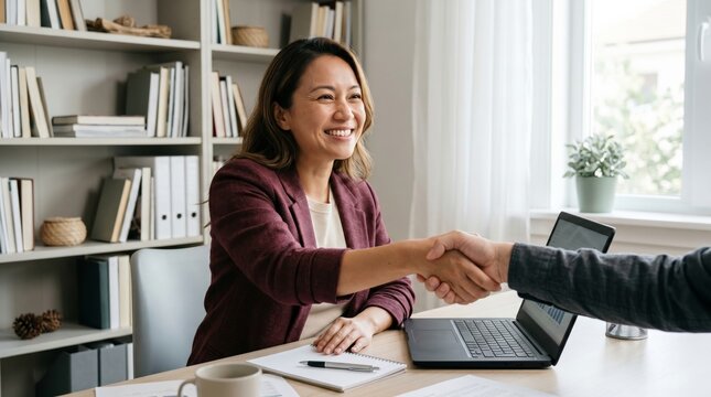 Professional woman shaking hands with business partner at desk. B2B partnership, successful deal negotiation, and corporate collaboration concept.