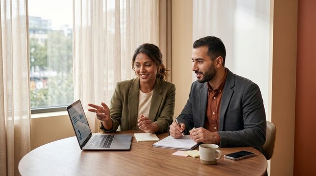 Business colleagues discussing laptop data in modern office. Professional teamwork, startup collaboration, and corporate strategy concept.