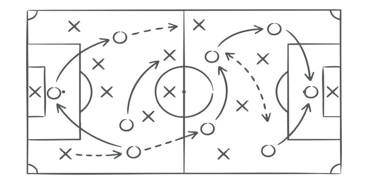 Hand drawn soccer tactics board diagram with player positions and movement arrows for match strategy planning