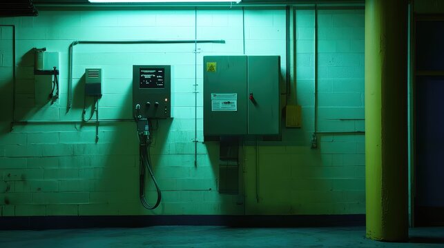 Industrial environment featuring metal power control boxes and conduits on a concrete block wall, illuminated with eerie green lighting, creating a mysterious and ominous atmosphere