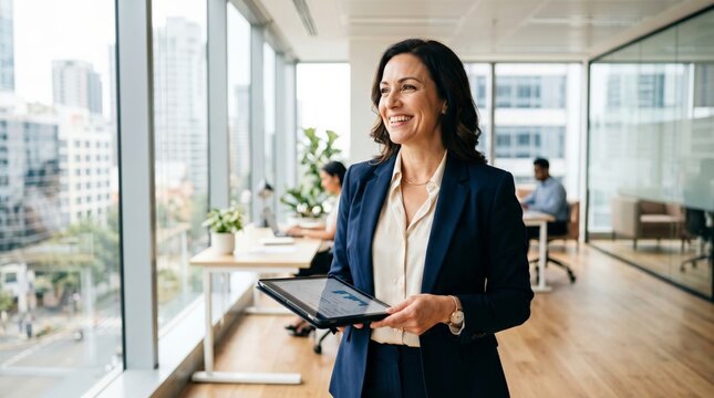 Businesswoman holding tablet in modern high-rise office overlooking city skyline. Corporate leadership, digital technology, and professional success concept.