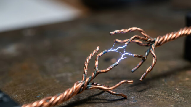 Brain science neurotechnology concept with electric spark between copper wire strands showing energy flow and connection