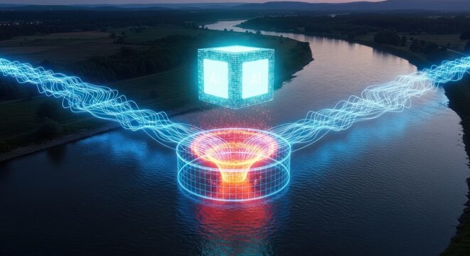 Futuristic AI data vortex over flowing river